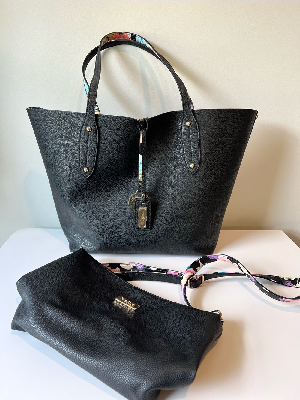 Bebe Trista 2 in 1 Reversible Tote Bag & Pouch with strap Set Black Floral Gold